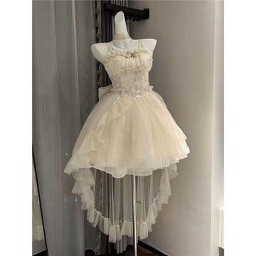 茶歇法式洋裝lolita拖尾公主裙小個子蓬蓬生日小禮裙女吊帶仙女裙