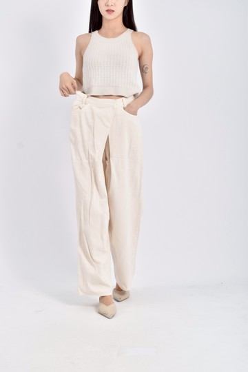 (S) clane高腰質感棉質寬鬆杏色長褲