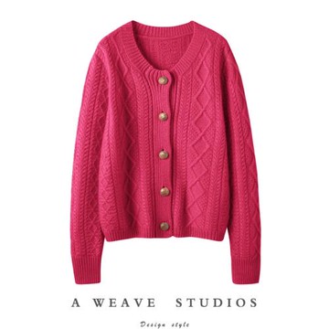 時髦氣質！真皮包扣復古奶奶風羊絨開衫女純羊絨毛衣針織加厚外套