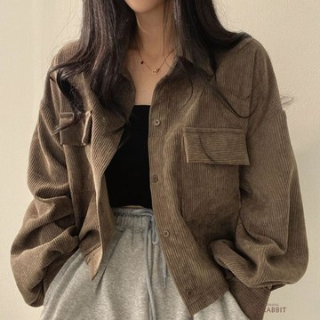 韓國chic秋季復古百搭單排翻領短款新燈芯絨襯衫長袖外套女潮