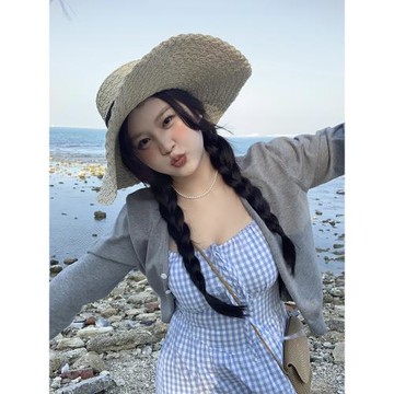 山山嶼你【廣島少女】微胖mm藍格子吊帶連衣裙女大碼春夏氣質長裙