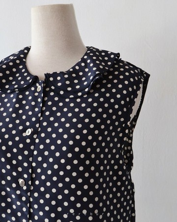 日系日本製復古點點翻領深藍色無袖古著襯衫