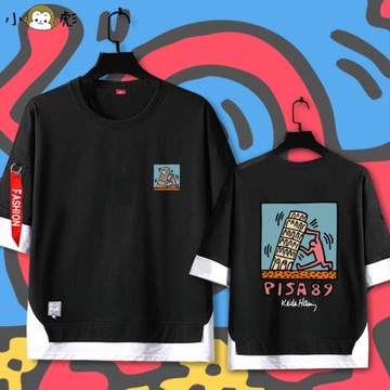keith haring聯名凱斯哈林波普假兩件短袖t恤衫男女兒童裝五分袖