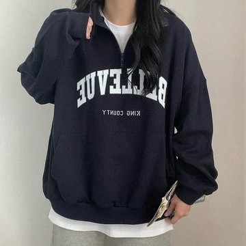 Vuja de 純棉polo領衛衣 大學t 薄衛衣 oversize 長袖 秋冬上衣 英文印花 潮流衣服 刷毛 衣服女