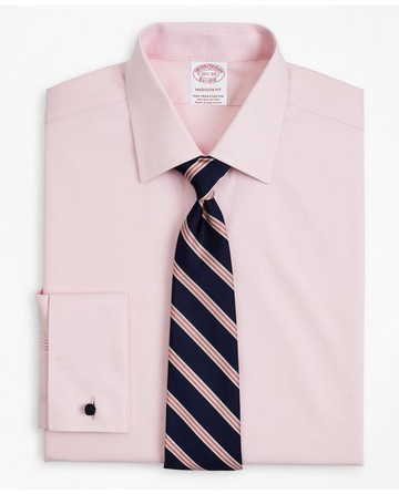 Brooks Brothers Men's Stretch Madison Relaxed-Fit Dress Shirt, Non-Iron Pinpoint Ainsley Collar French Cuff | Pink | Size 15 33