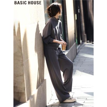 Basic House/百家好簡約至上立領外套闊腿褲休閑運動套裝女士秋冬