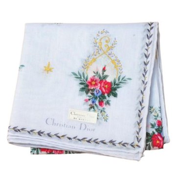 Christian DIOR 古典花束圖騰字母LOGO帕領巾(淺藍色/48CM)