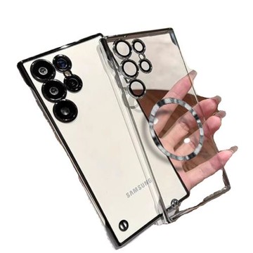 電鍍無邊框散熱適用三星S24plus手機殼高級感磁吸s23Ultra保護套S22u硬殼半包超薄透明新款自帶鏡頭膜防摔女