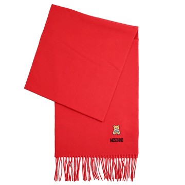 MOSCHINO 50124 M5293 電繡小熊LOGO羊毛流蘇長圍巾.紅