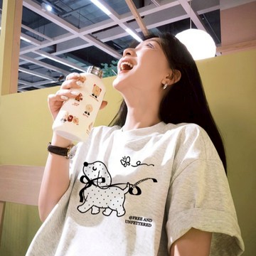 chic可愛甜美風花灰色T恤通勤減齡休閒小個子正肩女生上衣 慵懶風 男生短袖 oversize寬鬆 韓版短T 圓領半袖