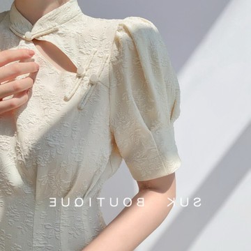 夏季旗袍領長款收腰顯瘦裙子2022新款立體浮雕白色復古連衣裙女潮