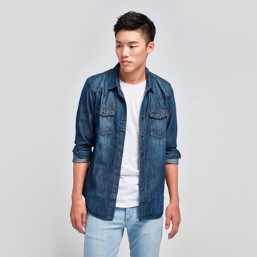 【ERSS】男裝 牛仔襯衫 牛仔上衣 長袖上衣 長袖襯衫 經典 水洗 刷白 刺繡 深藍【K30003】