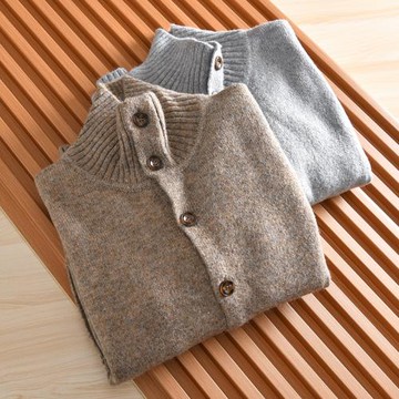 日單牛貨！綿羊毛混紡外貿男裝尾貨秋冬休閑高領純色開衫毛衣外套