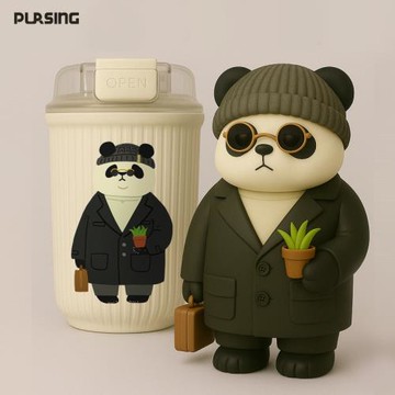 美國PURSING可愛熊貓咖啡杯便攜提繩學生翻蓋直飲陶瓷內膽保溫杯
