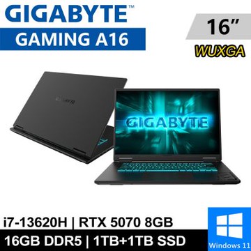 技嘉 GAMING A16 CWHI3TW894SH-SP4 16吋 黑(i7-13620H/16G DDR5/1TB+1TB SSD/RTX5070 8G/W11)特仕機
