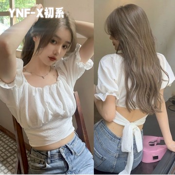 初系現+免運 美背僊女襯衫🧚‍♀️白色短款泡泡袖法式別緻上衣/甜美設計感襯衫/短版襯衫 白色襯衫 一字肩泡泡短袖襯衫