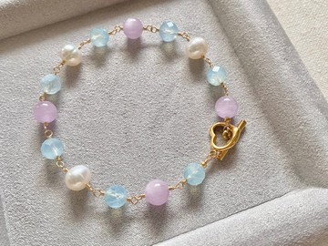 海藍寶 紫鋰輝 淡水珍珠  || 14KGF注金手鍊 鈦鋼心心扣