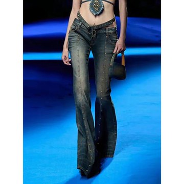 H家歐美女裝 原始部族超模感鉚釘設計做舊牛仔褲女千禧復古微喇褲