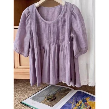 法式復古棉麻燈籠袖襯衫女夏季薄款寬松顯瘦風琴褶亞麻娃娃衫上衣