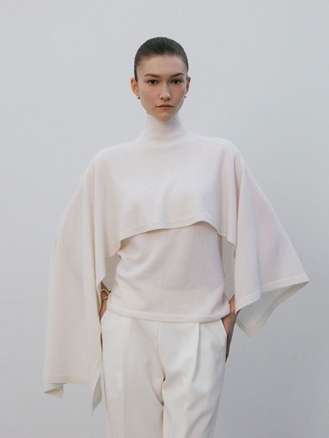 High-neck Unbalanced Multi Cashmere Poncho [Beige]