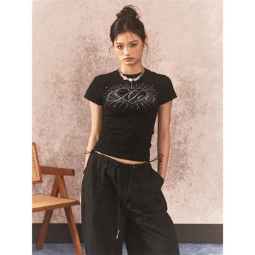 Sanowers 美式辣妹顯瘦修身愛心印花燙鉆上衣正肩短款短袖T恤女夏