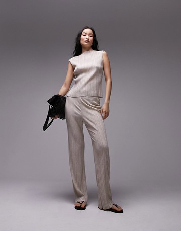 Topshop premium soft marl plisse wide leg trouser in beige-Neutral