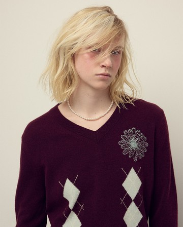 MARDI MERCREDI V領針織毛衣 勃根地酒紅色 小雛菊刺繡 薄荷綠 菱格紋 CASHMERE BLENDED V NECK ARGYLE