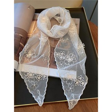 立體浮雕刺繡蕾絲長條絲巾繡花百搭裝飾小領巾襯衫搭配圍巾春款女