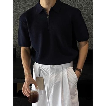 痞帥輕熟風翻領半拉鏈POLO衫男款夏季薄款高級感休閑針織短袖T恤