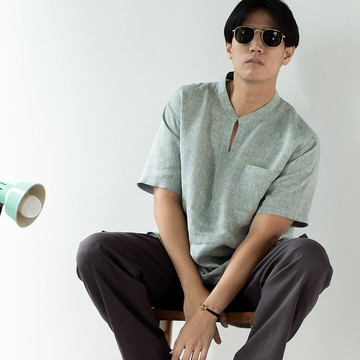 藍色 & J麻襯衫短袖 V 領前袋 - 綠色