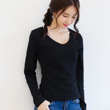 棉質純色長袖加肥上衣體恤打底衫