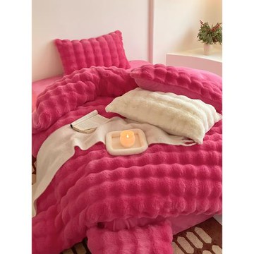 冬季大泡泡兔兔絨四件套高級感火龍果被套珊瑚牛奶絨床單加厚床品