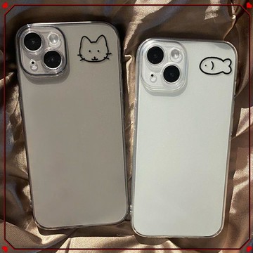 ⭐透明手機殼⭐ins貓咪小魚創意iPhone11/12線條情侶款x/xs個性透明軟殼13/14/15
