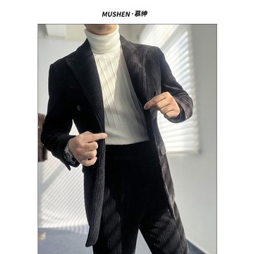 慕紳男士秋冬燈芯絨雙排扣西服外套修身百搭復古時髦商務休閑單西
