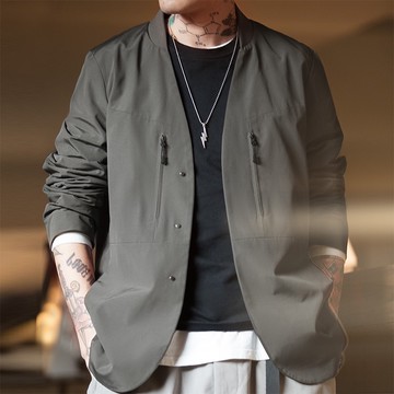 馬登工裝美式休閒無領灰色西裝夾克機能西裝通勤百搭單西外套男春西裝外套