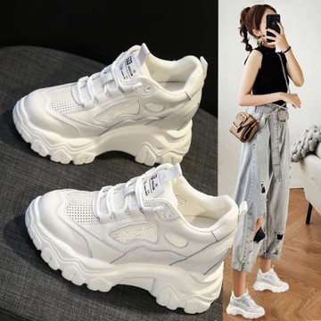老爹鞋女2025新款夏透氣網鞋百搭小個子松糕厚底內增高小白鞋女款