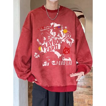 圓領衛衣男生春秋美式復古重磅麂皮絨上衣青少年潮流印花學生衣服