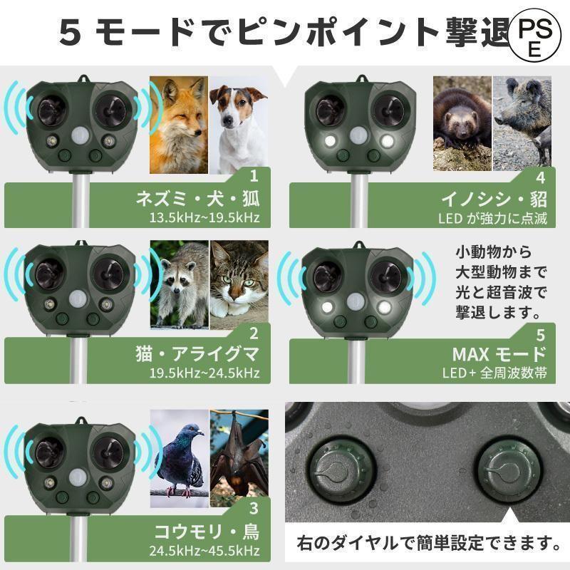 動物撃退器 超音波 ソーラー式 USB充電式 害獣撃退器 防水 屋外 猫よけ 鳩 カラス ネズミ イノシシ 犬 鳥 コウモリ 2個セット