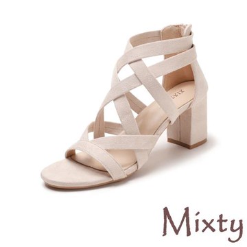 【MIXTY】絨面高跟涼鞋/復古典雅絨面交叉縷空帶高跟涼鞋 女鞋 米