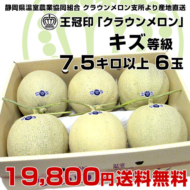 静岡県より産地直送　静岡県温室農業協同組合クラウンメロン支所　クラウンメロン　キズ　7.5キロ （6玉）  送料無料 めろん