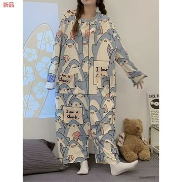 大尺碼女裝 女生睡衣  加肥加大300斤連體睡衣春秋季胖MM260斤寬鬆薄款長袖可愛鯊魚睡裙