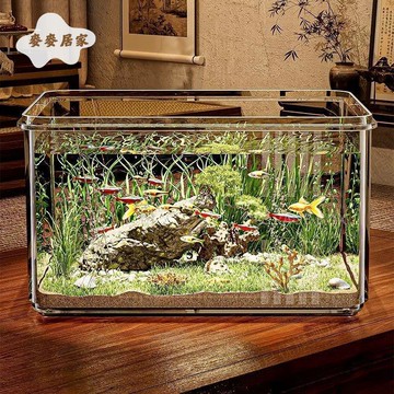 透明仿玻璃鱼缸小型家用办公室金鱼乌龟方形亚克力水缸桌面收纳盒pm6101