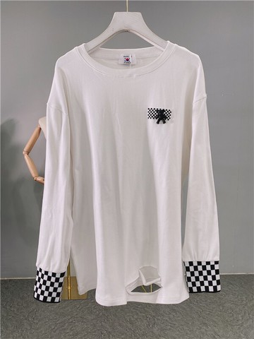 季磨毛長袖衛衣女寬松中長款內搭打底衫洋氣時尚破洞上衣