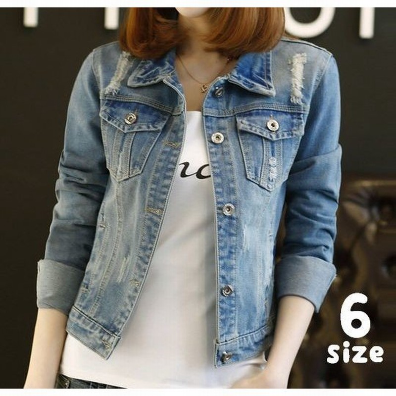 ジャケット デニムジャケット 長袖 レディース アウター Gジャン ジージャン ステンカラー 丈短め ショート丈 破れデザイン 擦れ フロントボタン 通販 Lineポイント最大0 5 Get Lineショッピング