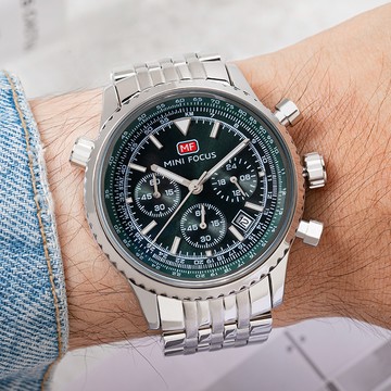 MINIFOCUS夜幕之際真三眼日期顯示金屬編織鍊帶手錶【WMF0463】-綠面銀帶