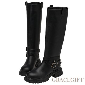 【Grace Gift】俐落圓頭側拉環繞踝皮帶厚底長靴 黑