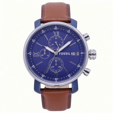 FOSSIL 美國最受歡迎頂尖運動時尚三眼計時皮革腕錶-藍+咖啡-BQ2163