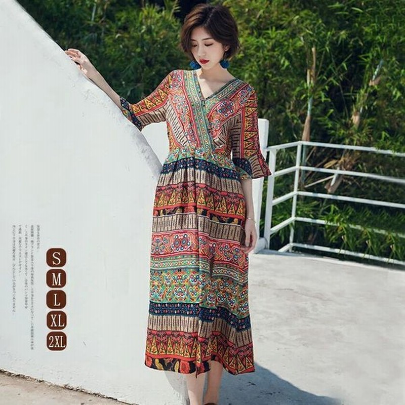レディース ワンピース きれいめ ロング丈 長袖 ウエストマーク ロング ガウンワンピース 大人 膝下丈 エスニック系 花柄 Vネック リゾートワンピ 通販 Lineポイント最大get Lineショッピング