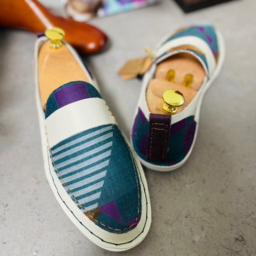 Japan Made 播州織 白色 x 提花 樂福鞋