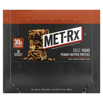 MET-Rx, Big 100，代餐棒，花生醬椒鹽脆餅，9 根，每根 3.52 盎司（100 克）